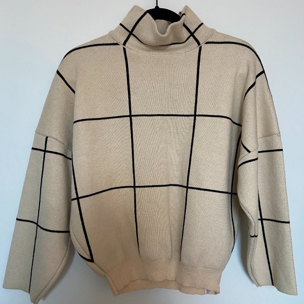Cream and Black Windowpane Women's Turtleneck